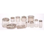 Miscellaneous, mainly Edwardian, glass jars, bottles, trinket and other boxes with silver covers