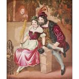 A porcelain plaque, 19th c, painted with a courting couple, the young woman seated at a spinning