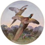 A Minton bone china plaque, c1900, painted by J E Dean, signed, with pheasants, 29.5cm diam,