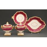 A pair of Flight, Barr & Barr claret and gilt cream bowls and covers and two dessert dishes,