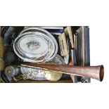 A copper posting horn, a plated entrée dish, various prints and miscellaneous metalware, etc