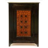 A stained and boarded wood cupboard, with marquetry panel to the door, 19th c and reconstructed,