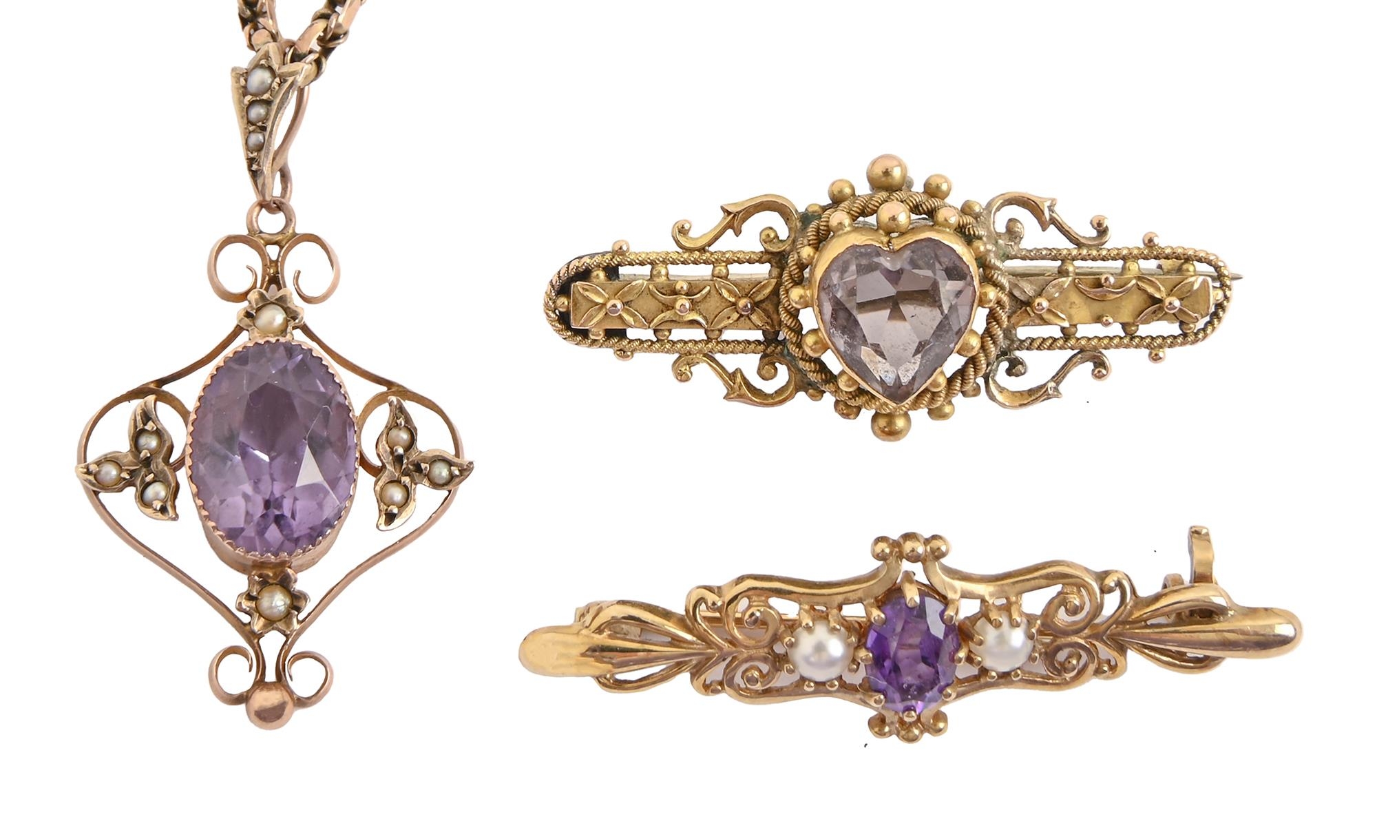 An amethyst and split pearl openwork pendant , early 20th c, in gold, 30mm, a gold necklet with