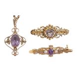 An amethyst and split pearl openwork pendant , early 20th c, in gold, 30mm, a gold necklet with