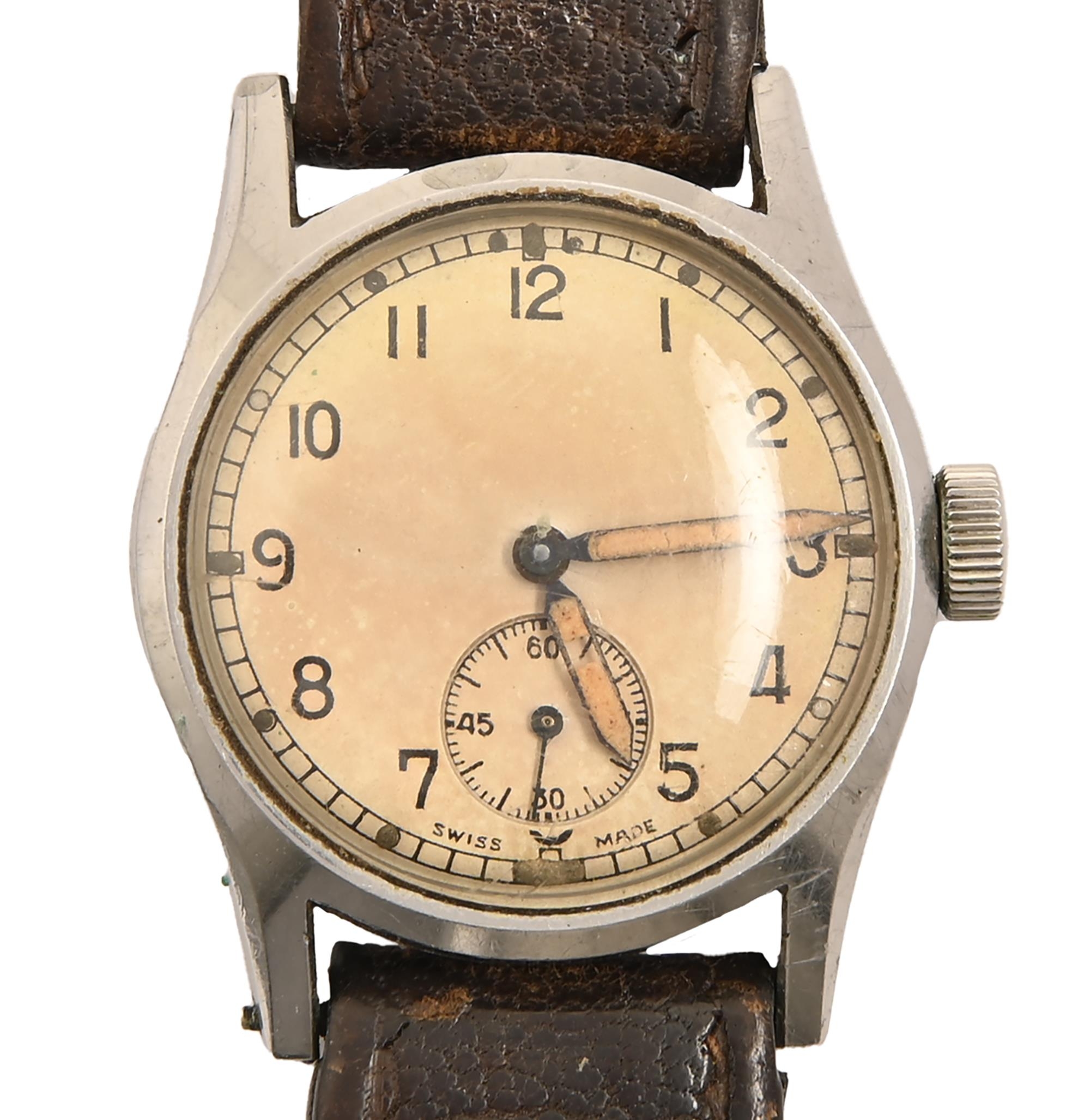 A WWII British Army issue stainless steel wristwatch, 31mm diam, marked on case back STAINLESS STEEL