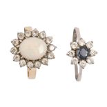 An opal and white stone cluster ring, in 9ct gold, 3.2g, size O and another gem set ring (2) Good