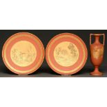 A Charles Barlow of Hanley patent gilt printed terracotta vase and pair of plates, c1885, vase 23.