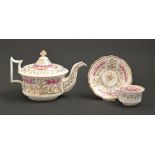 A New Hall bone china teapot and cover and cup and saucer, c1825, Old English shape, decorated