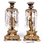 A pair of Victorian gilt lacquered brass and statuary marble boy-and-serpent figural lustre