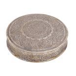 A round silver repousse box and domed cover, probably Armenian, first half 20th c, 14cm diam,