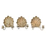 A set of three Victorian brass twin branch wall sconces, with shell reflector, 23.5cm h, stamped