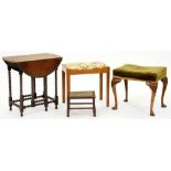 An oak gateleg table, on bobbin turned legs, 66 x 75cm, a walnut dressing stool with cabriole legs