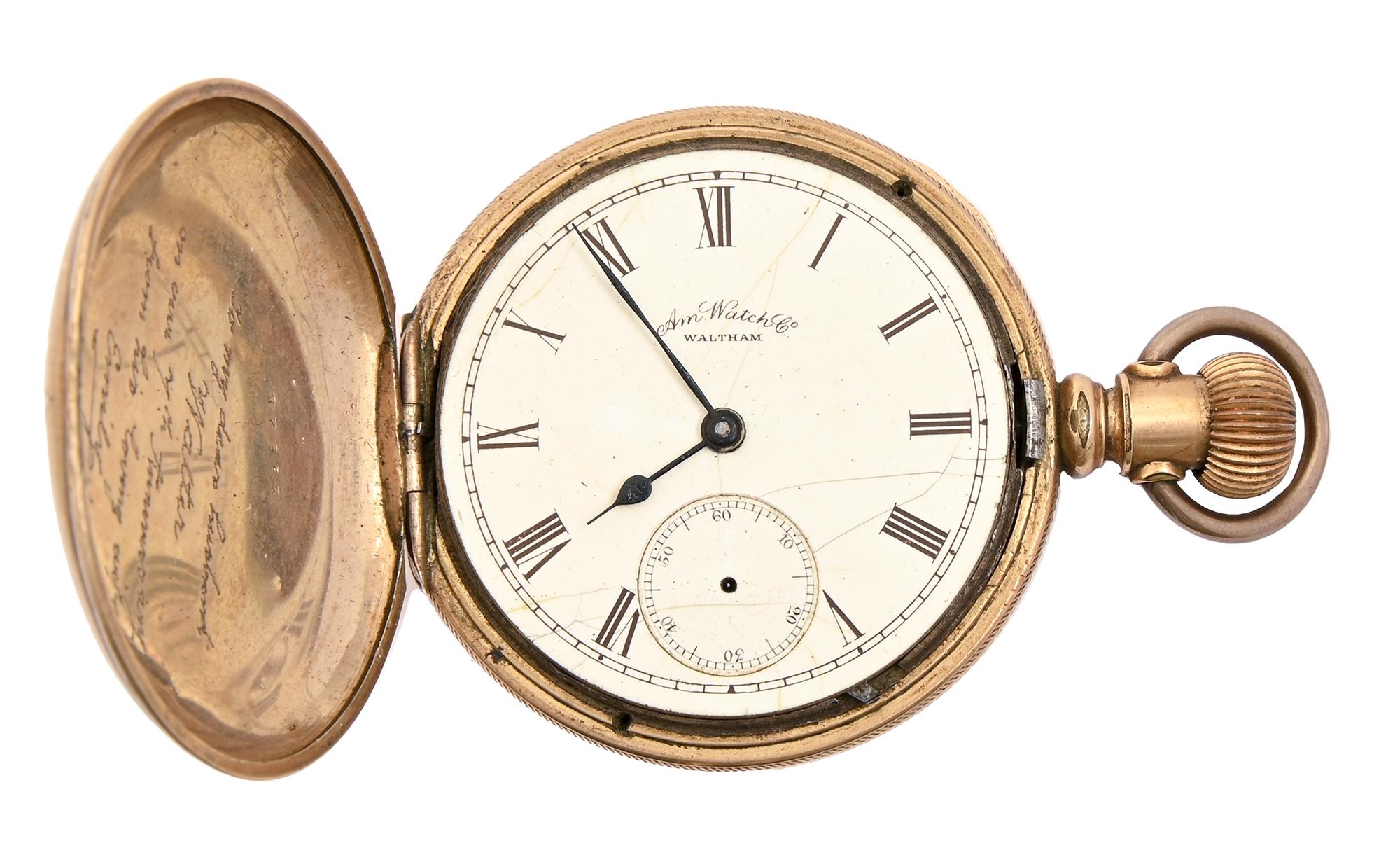 An American Waltham Watch Co gold plated keyless lever hunting cased watch, c1900, with enamel dial,