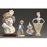 Three Lladro figures and the head of a clown, clown 28cm h, printed mark