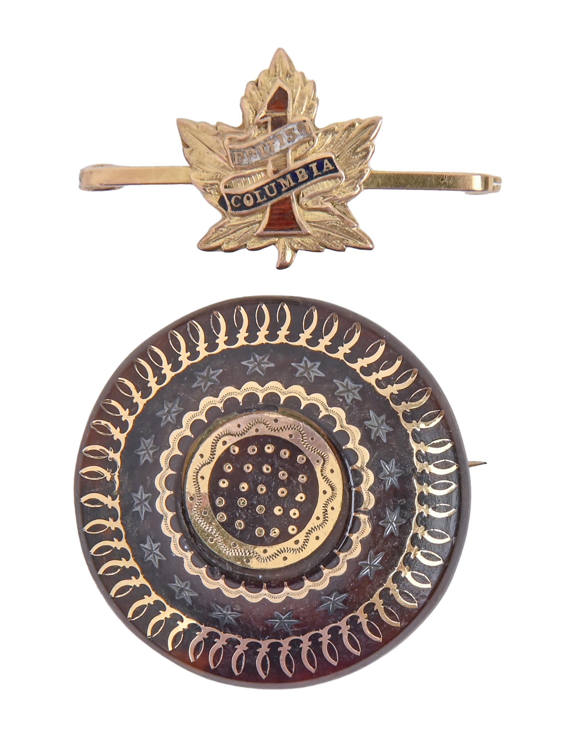 A Victorian pique brooch, 30mm diam and a 15ct gold bar brooch, the associated applied gold and