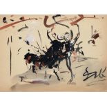 After Salvador Dalí - A Surrealist Bull Fight, bears signature, watercolour and gouache, 25.5 x 35.