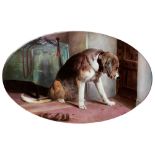 An English porcelain plaque, c1900, painted by J E Dean, signed, after Sir Edwin Landseer with "