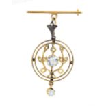 An aquamarine and split pearl openwork pendant, early 20th c, in gold, 41mm, marked 9ct, suspended