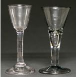 An English wine glass, c1770, the round funnel bowl on plain straight stem and folded foot and