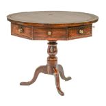 A George III oak library table, the leather inlet round top on octagonal lower part fitted with