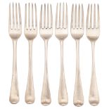 Six George III silver table forks, Old English pattern, all London, by various makers, 11ozs