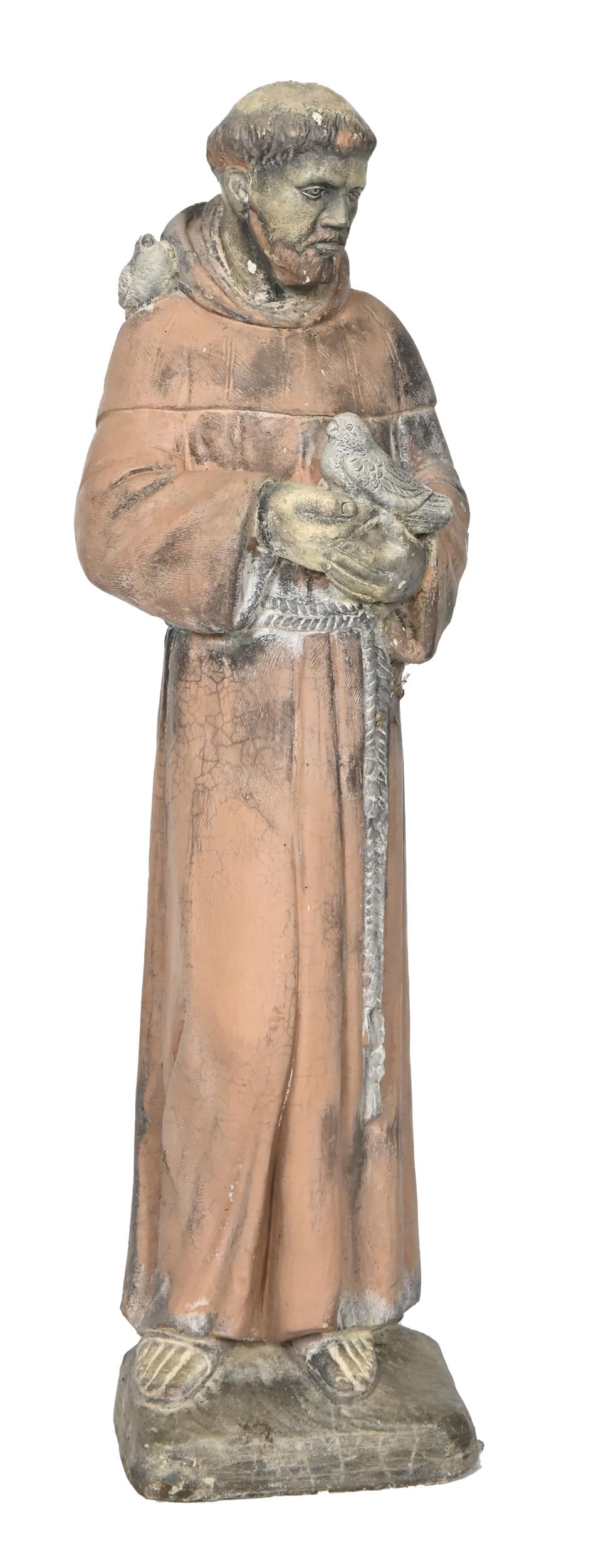 A cold painted pottery statuette of St. Francis, 19th / 20th c, 74 h In substantially good