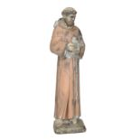 A cold painted pottery statuette of St. Francis, 19th / 20th c, 74 h In substantially good