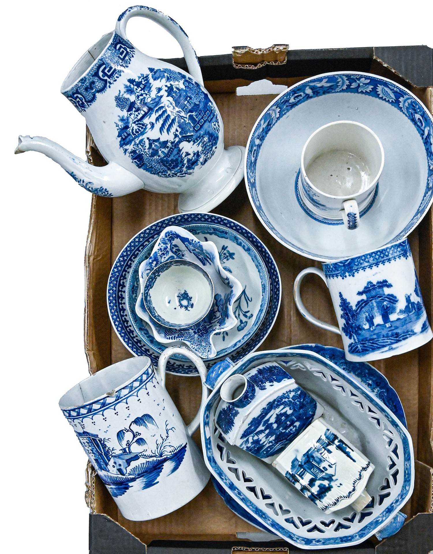 Miscellaneous blue and white ceramics, including coffee pot, mugs, tea cannisters, etc