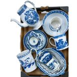Miscellaneous blue and white ceramics, including coffee pot, mugs, tea cannisters, etc