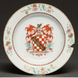 A Chinese armorial soup plate from the Chandler service, c1745, with gilt spearhead cavetto and four