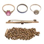 A pink stone ring, in gold, marked 9ct, 2g, size R and four other articles, including a gold