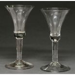 Two English wine glasses, mid 18th c, the waisted bell bowl on solid stem and conical foot, 20 and