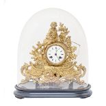 A French spelter gilt mantel clock, late 19th c, with bell striking movement and enamel dial, on