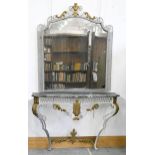 A wirework and wrought iron console table and mirror, with bevelled plate, later painted, 220cm h;
