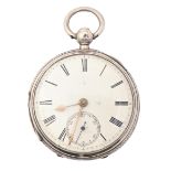 A silver lever watch, G Baskerville, Leek, No 3/9701, with gold balance, engine turned case, 43mm