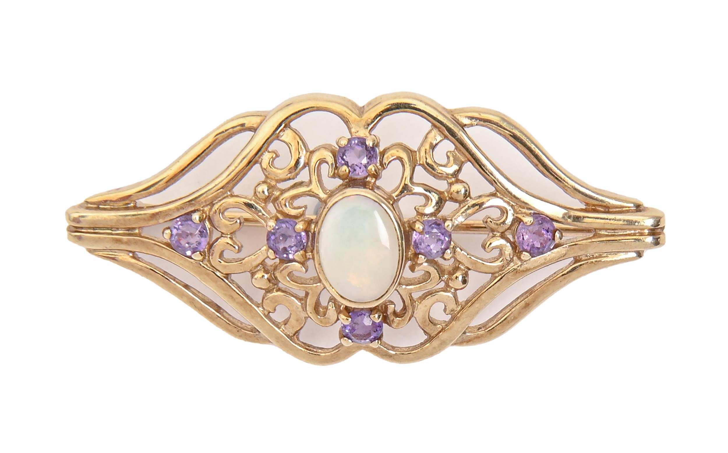 An opal and amethyst brooch, in 9ct gold, 38mm l, 3.9g Good condition