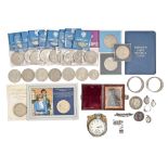 Miscellaneous items, including an Oris pocket watch, silver napkin rings, commemorative crowns and