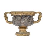 A parcel gilt lacquered bronze replica of the Warwick Vase, late 19th c, 12cm h Lacquer discoloured,