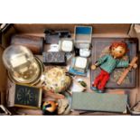 Miscellaneous items including a japanned lacquer games box,  brass anniversary clock, Pelham