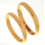 Two 22ct gold wedding rings, London 1935 and marks obscured, 7g, size K, M One distorted from wear