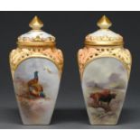 Two Royal Worcester pot pourri vases and covers, 1902 and circa, painted by John Stinton or Jas