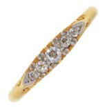 A five stone diamond ring, early 20th c, with old cut diamonds, in gold marked 18ct, 3.1g, size N
