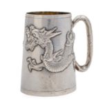 A Chinese silver mug, c1900, of stippled, tapered cylindrical shape and applied with a repousse