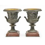 A pair of French bronze models of the Medici vase, late 19th c, on rouge griotte marble base, 25cm h