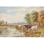 P J Williams, 19th / 20th c - Landscape with Cattle and a Windmill, signed, watercolour, 44.5 x 63.