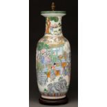 A Chinese famille verte rouleau vase, early 20th c, 66cm h including wood base Base drilled when