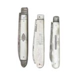 Three silver fruit knives, George IV - Victorian, with mother of pearl scales, all Sheffield, by