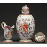 A French pseudo Chinese export armorial porcelain jar and cover, helmet shaped cream jug and salt