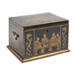 A mahjong set in japanned cabinet, c1930, of bone and bamboo tiles and sticks, cabinet with hinged