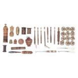 Needlework tools. A collection of Victorian Tunbridge Ware, vegetable ivory, carved coquilla nut and